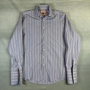 Thomas Pink Dress Shirt Mens 15.5 39cm Blue Striped Slim Fit French Cuff
